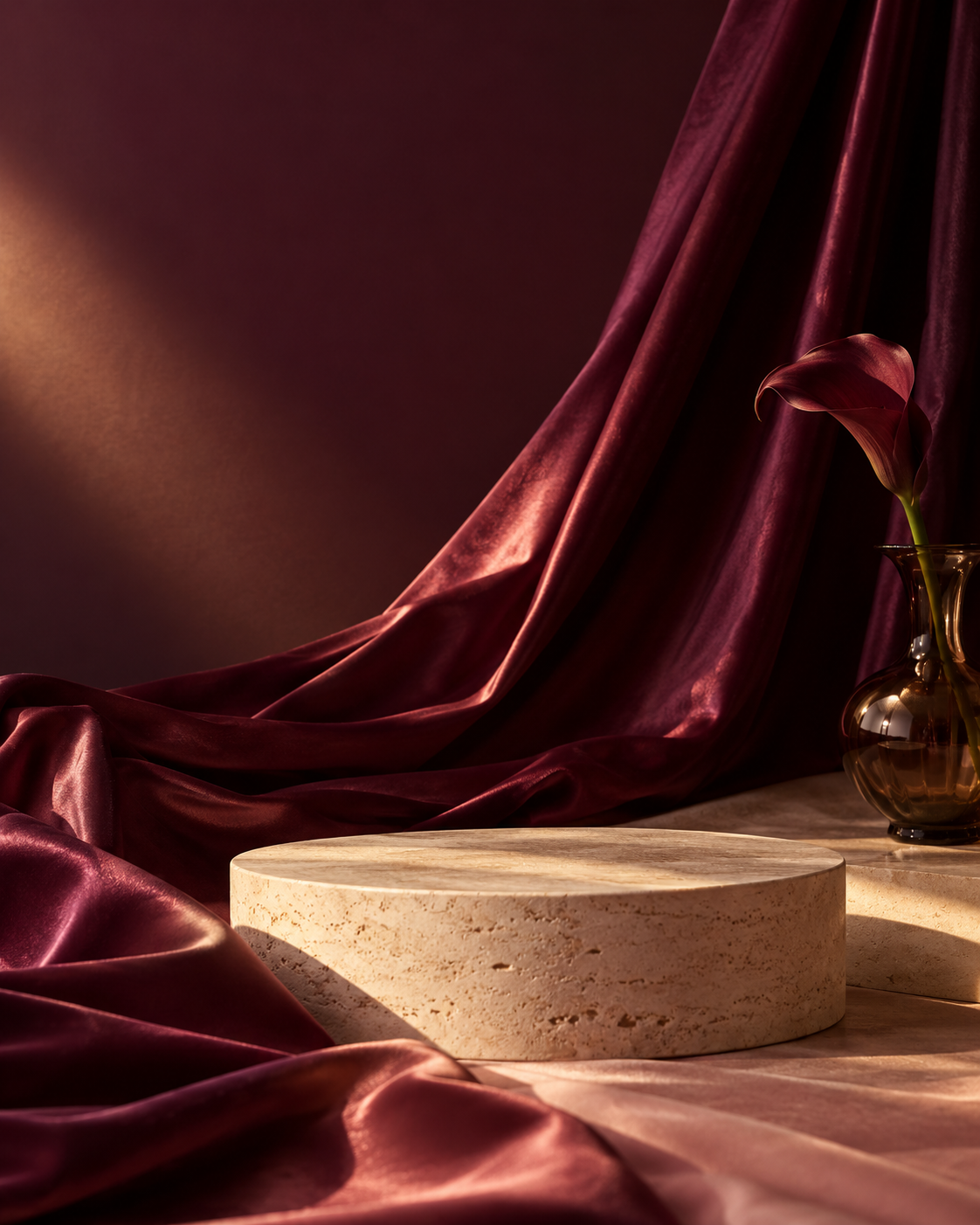 Burgundy satin and a sculptural stone display in warm evening light